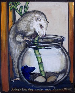 A ferret reaching into a fish bowl